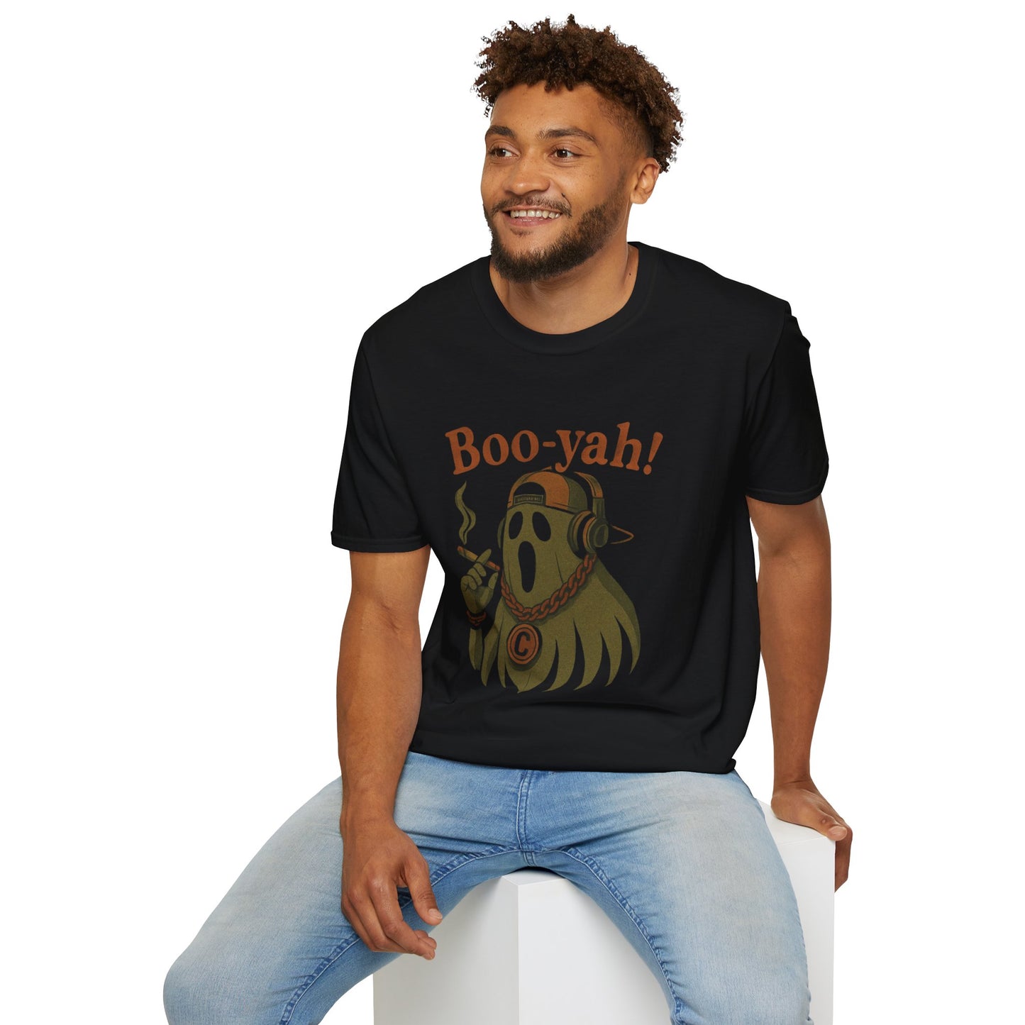 Boo-yah! Ghost Softstyle Tee for Him, Funny Halloween Tee, Spooky Outfit, Ghost Lover Gift, Casual Halloween Wear, Unique Graphic Tee